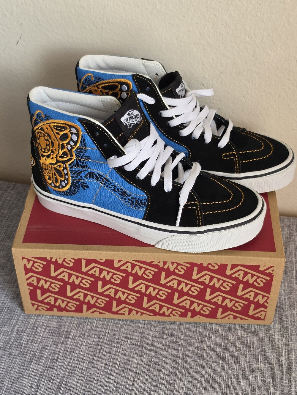 Vans Women's Size 6 Blue Black Dia De Los Muertos Sk8 Hi Top Shoes Butterfly